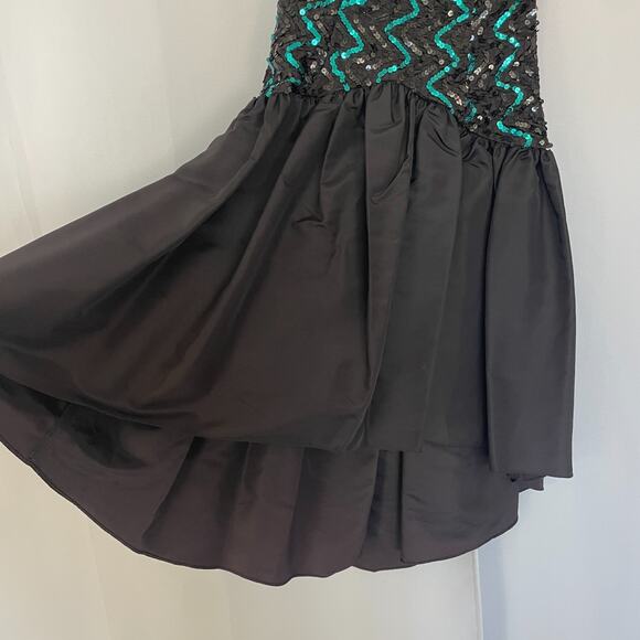 Gunne Sax Jessica McClintock Prom Dress XS Black Sequin Hi Low Puffy Bow 80s Vtg - Picture 4 of 12